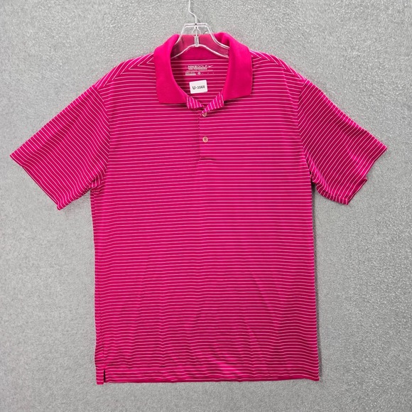 Nike Men Polo Shirt Medium Pink Golf Tour Performance Dri Fit Striped Swoosh - Picture 1 of 11